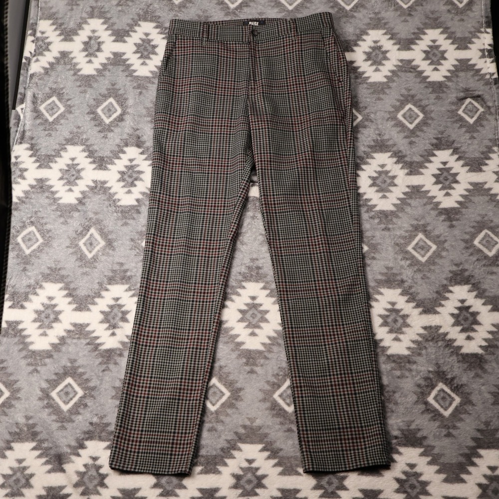 PAIGE Stafford Slim Fit Glen Plaid Trousers Grey Burgundy Check Mens Size 32